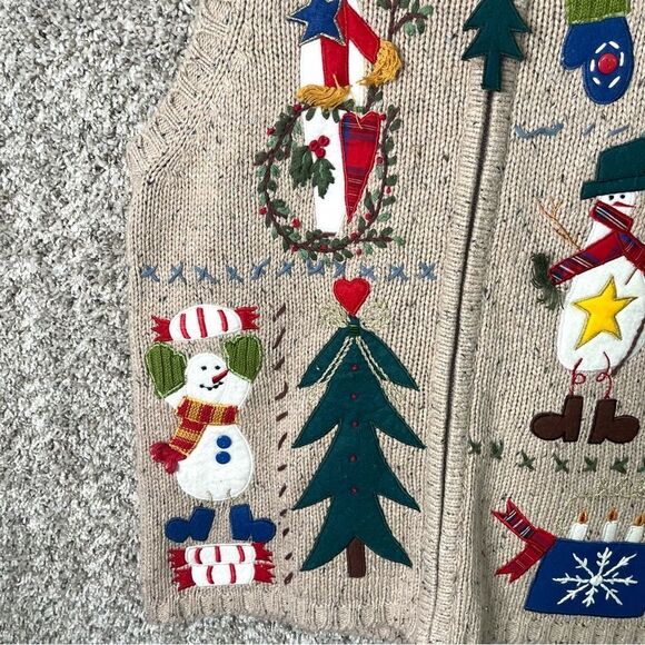 Theme Works Christmas Patchwork & Embroidered Wool Blend Zip Up Knit Vest Large - Picture 3 of 8
